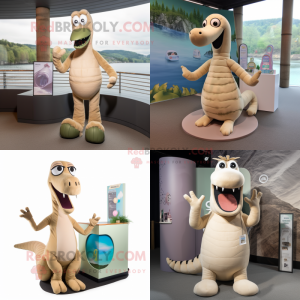 Beige loch ness monster mascot costume character dressed with Tank Top and Hairpins