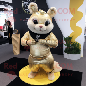 Gold Chinchilla mascot costume character dressed with Yoga Pants and Rings