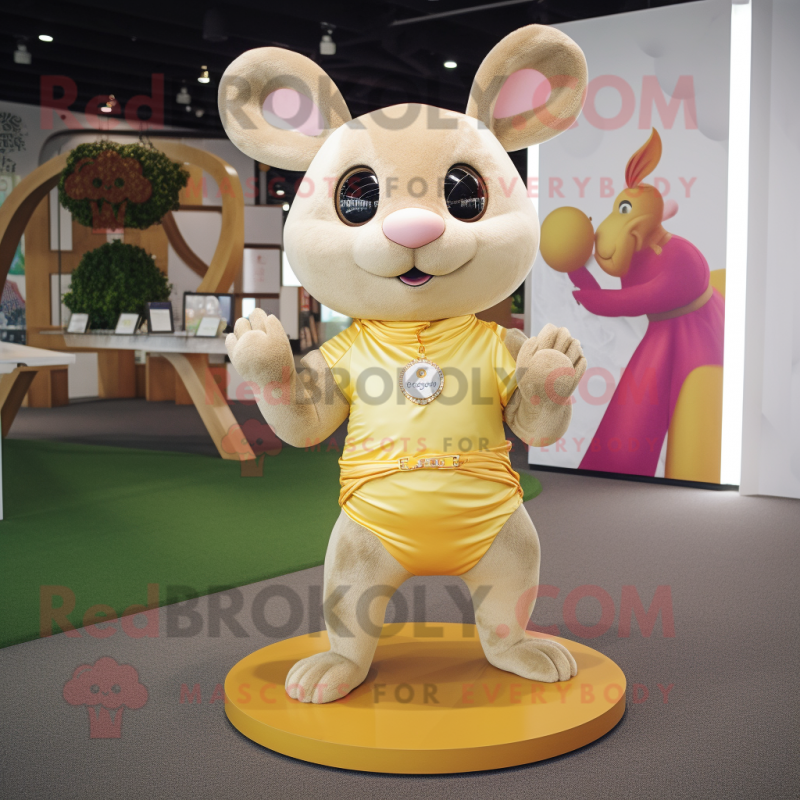 Gold Chinchilla mascot costume character dressed with Yoga Pants and Rings