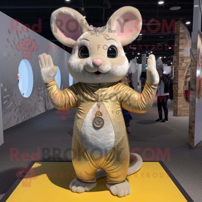 Gold Chinchilla mascot costume character dressed with Yoga Pants and Rings
