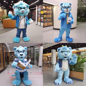 Sky Blue Saber-toothed tiger mascot costume character dressed with Skinny Jeans and Reading glasses