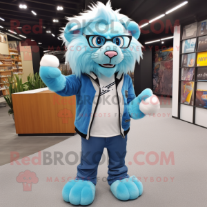 Sky Blue Saber-toothed tiger mascot costume character dressed with Skinny Jeans and Reading glasses