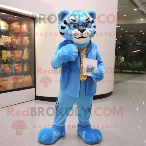 Sky Blue Saber-toothed tiger mascot costume character dressed with Skinny Jeans and Reading glasses