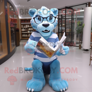 Sky Blue Saber-toothed tiger mascot costume character dressed with Skinny Jeans and Reading glasses