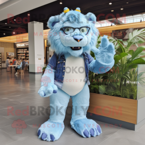 Sky Blue Saber-toothed tiger mascot costume character dressed with Skinny Jeans and Reading glasses