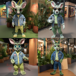 Green Kangaroo mascot costume character dressed with Denim Shirt and Eyeglasses