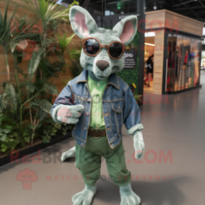 Green Kangaroo mascot costume character dressed with Denim Shirt and Eyeglasses