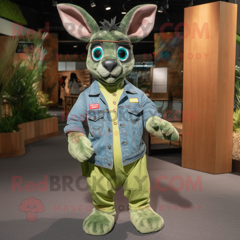 Green Kangaroo mascot costume character dressed with Denim Shirt and Eyeglasses Green Kangaroo mascot costume character dressed with Denim Shirt and Eyeglasses