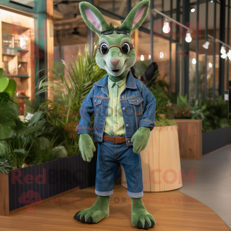 Green Kangaroo mascot costume character dressed with Denim Shirt and Eyeglasses