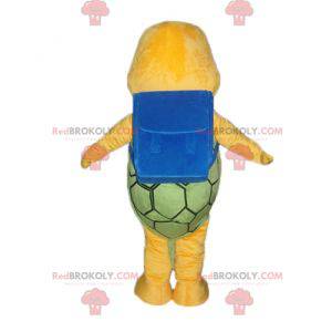 Mascotte de tortue orange et verte avec un cartable bleu -