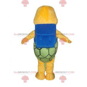 Orange and green turtle mascot with a blue schoolbag -