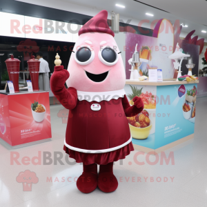 Maroon Ice cream mascot costume character dressed with Evening Gown and Keychains