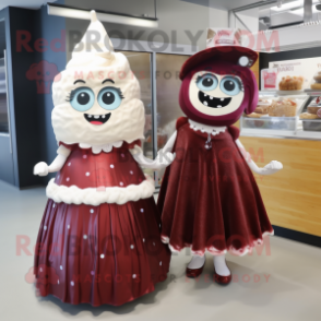 Maroon Ice cream mascot costume character dressed with Evening Gown and Keychains