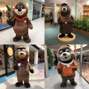 Brown Seal mascot costume character dressed with Culottes and Shoe laces