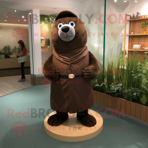 Brown Seal mascot costume character dressed with Culottes and Shoe laces