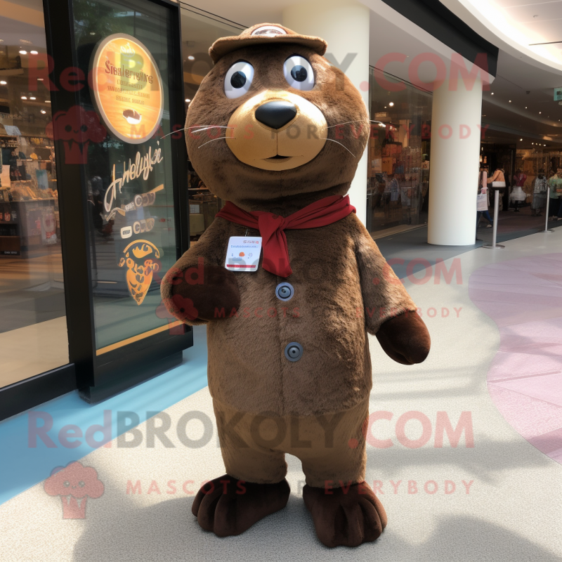 Brown Seal mascot costume character dressed with Culottes and Shoe laces Brown Seal mascot costume character dressed with Culottes and Shoe laces