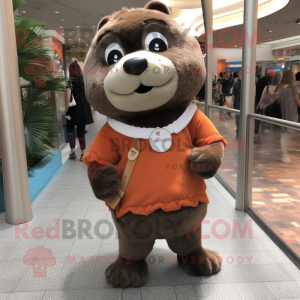 Brown Seal mascot costume character dressed with Culottes and Shoe laces