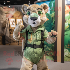 Green Mountain Lion mascot costume character dressed with Playsuit and Suspenders