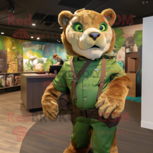 Green Mountain Lion mascot costume character dressed with Playsuit and Suspenders