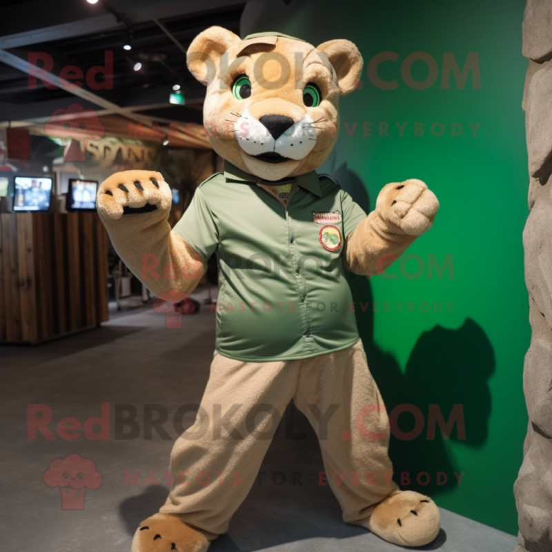 Green Mountain Lion mascot costume character dressed with Playsuit and Suspenders