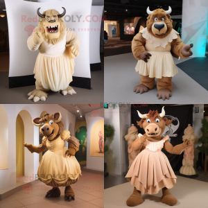 Tan Minotaur mascot costume character dressed with Ball Gown and Foot pads