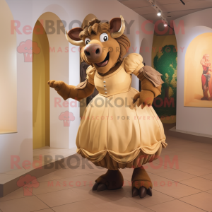 Tan Minotaur mascot costume character dressed with Ball Gown and Foot pads