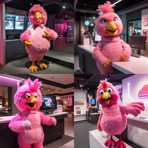 Pink Chicken mascot costume character dressed with T-Shirt and Mittens