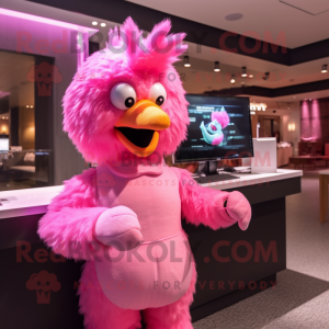 Pink Chicken mascot costume character dressed with T-Shirt and Mittens