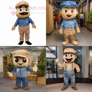 Tan Cherry mascot costume character dressed with Denim Shirt and Berets