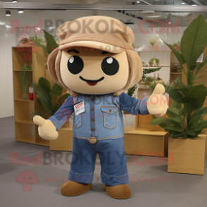 Tan Cherry mascot costume character dressed with Denim Shirt and Berets