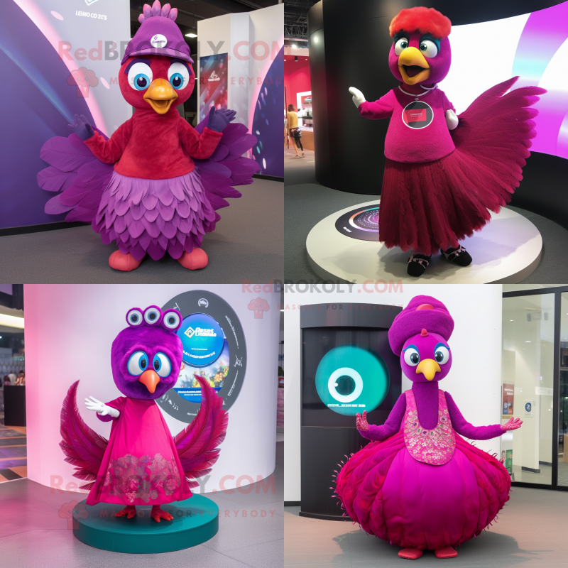 Magenta Peacock mascot costume character dressed with Circle Skirt and Beanies