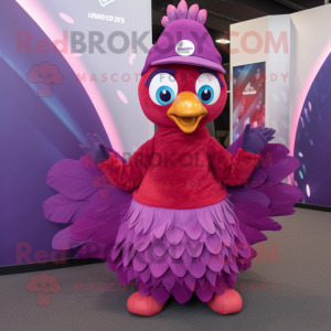 Magenta Peacock mascot costume character dressed with Circle Skirt and Beanies