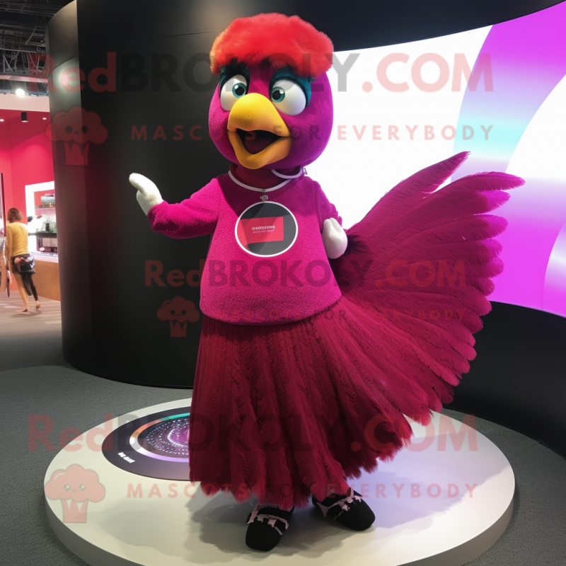 Magenta Peacock mascot costume character dressed with Circle Skirt and Beanies