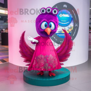 Magenta Peacock mascot costume character dressed with Circle Skirt and Beanies
