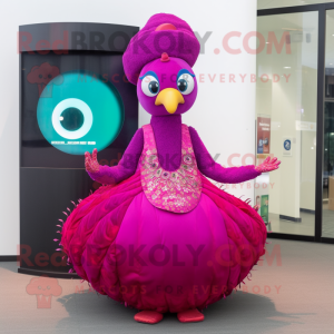 Magenta Peacock mascot costume character dressed with Circle Skirt and Beanies