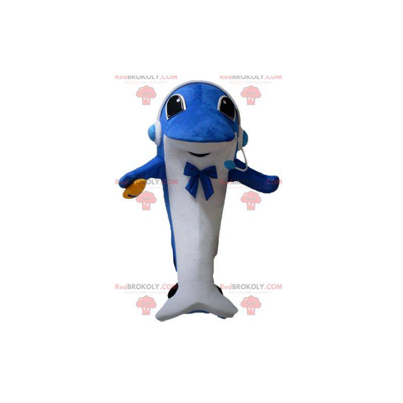 Mascota del delfín azul y blanco con auriculares -