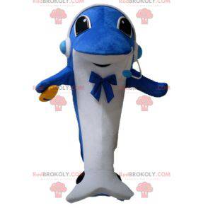 Mascote golfinho azul e branco com fones de ouvido -