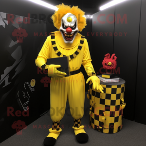 Yellow evil clown mascot costume character dressed with Rash Guard and Clutch bags