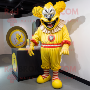 Yellow evil clown mascot costume character dressed with Rash Guard and Clutch bags