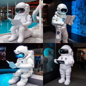 White Astronaut mascot costume character dressed with Swimwear and Reading glasses