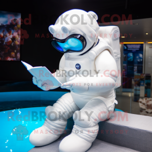 White Astronaut mascot costume character dressed with Swimwear and Reading glasses