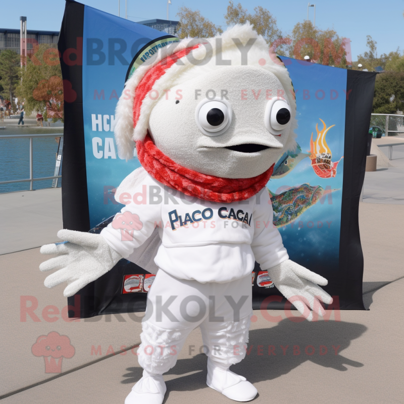 White Fish Tacos mascot costume character dressed with Rash Guard and Scarf clips White Fish Tacos mascot costume character dressed with Rash Guard and Scarf clips