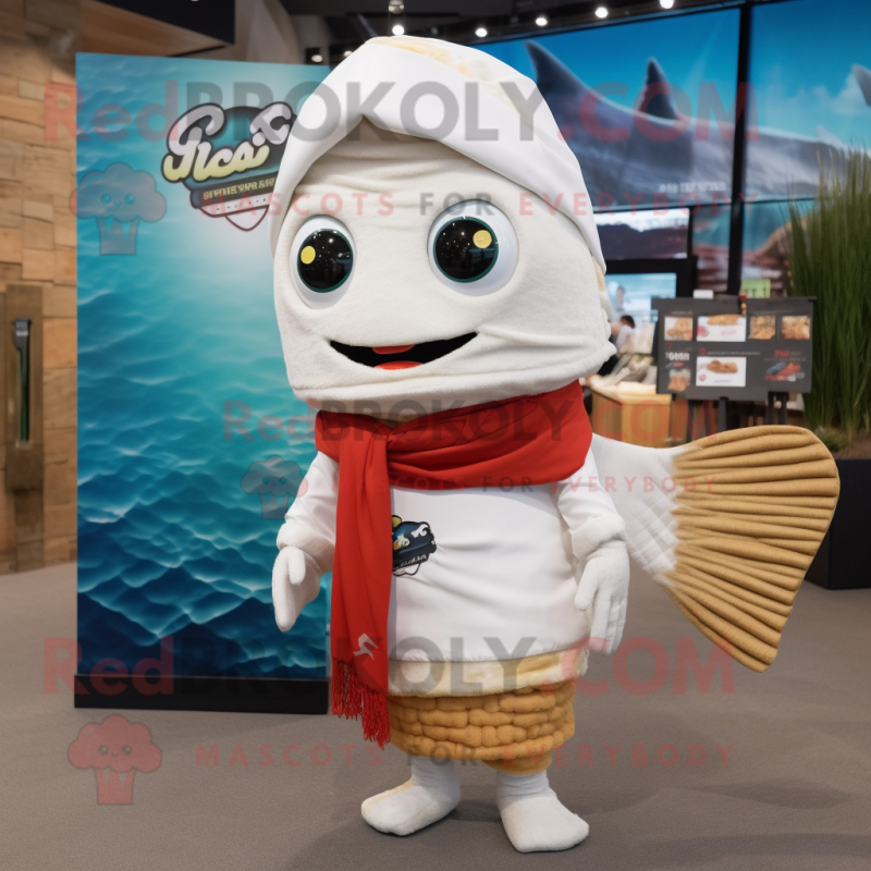 White Fish Tacos mascot costume character dressed with Rash Guard and Scarf clips White Fish Tacos mascot costume character dressed with Rash Guard and Scarf clips