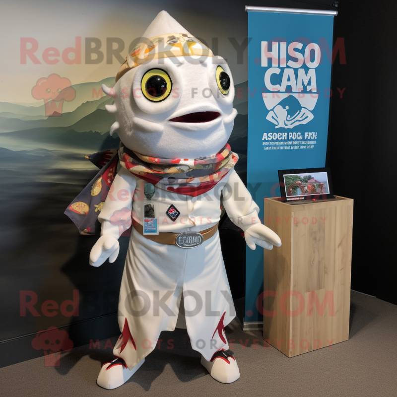White Fish Tacos mascot costume character dressed with Rash Guard and Scarf clips White Fish Tacos mascot costume character dressed with Rash Guard and Scarf clips