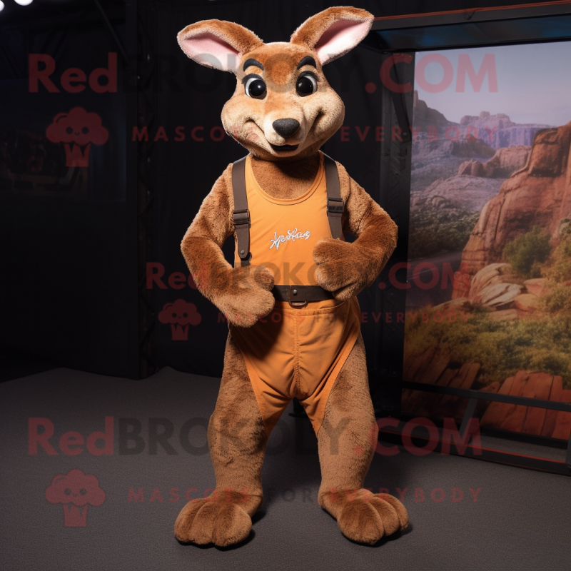 Rust Kangaroo mascot costume character dressed with Tank Top and Suspenders