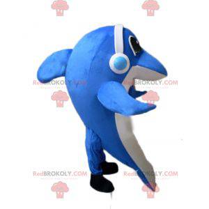 Mascote golfinho azul e branco com fones de ouvido -