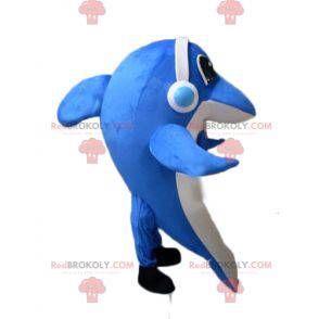 Mascotte de dauphin bleu et blanc avec un casque audio -