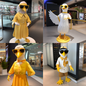 Gold Gull mascot costume character dressed with Dress and Sunglasses