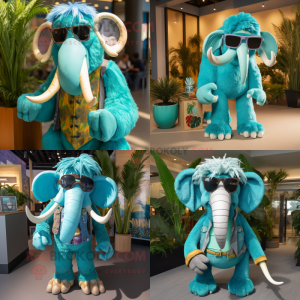 Turquoise Mammoth mascot costume character dressed with Chambray Shirt and Sunglasses