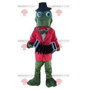 Green crocodile mascot with a red jacket and an accordion -